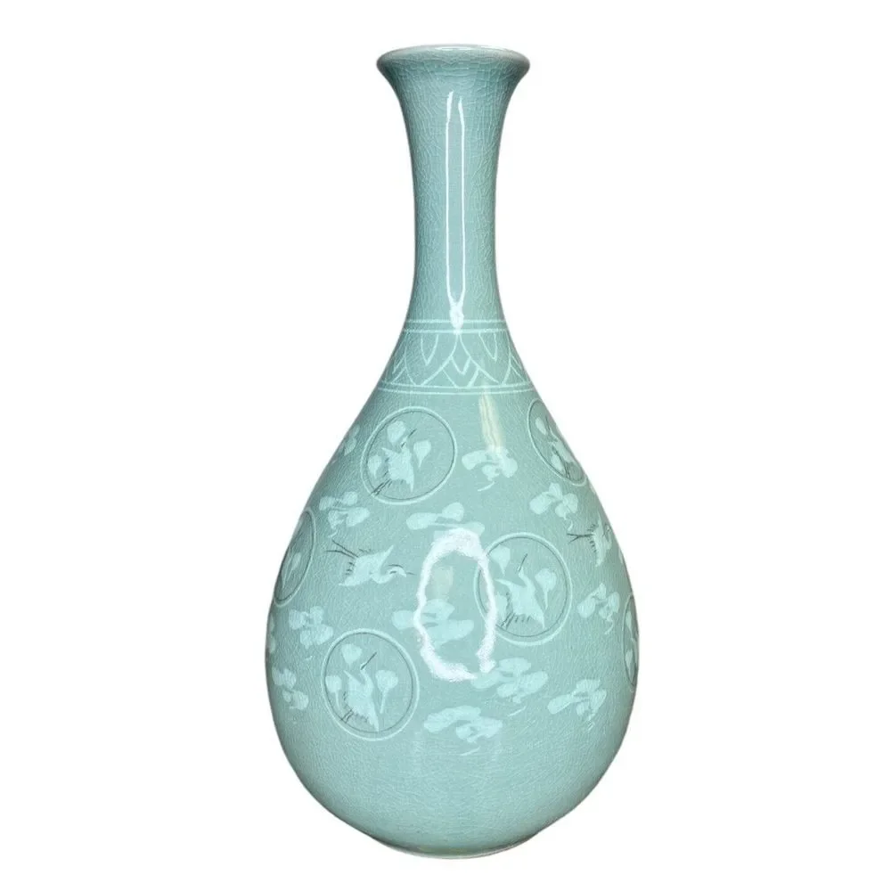 Korean Celadon Bottle Yuhuchun Vase Crane Clouds Signed‎ 12.5